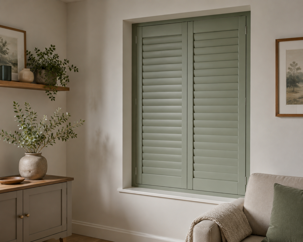 coloured shutters in farrow and ball sage green